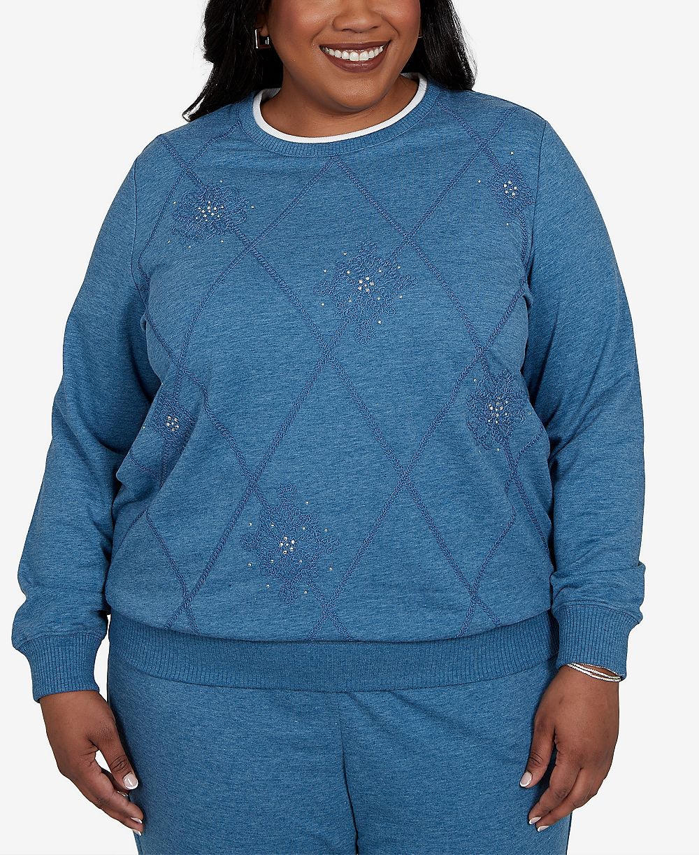 Женский топ Alfred Dunner Plus Size с длинным рукавом, узором аргайл и отделкой стразами