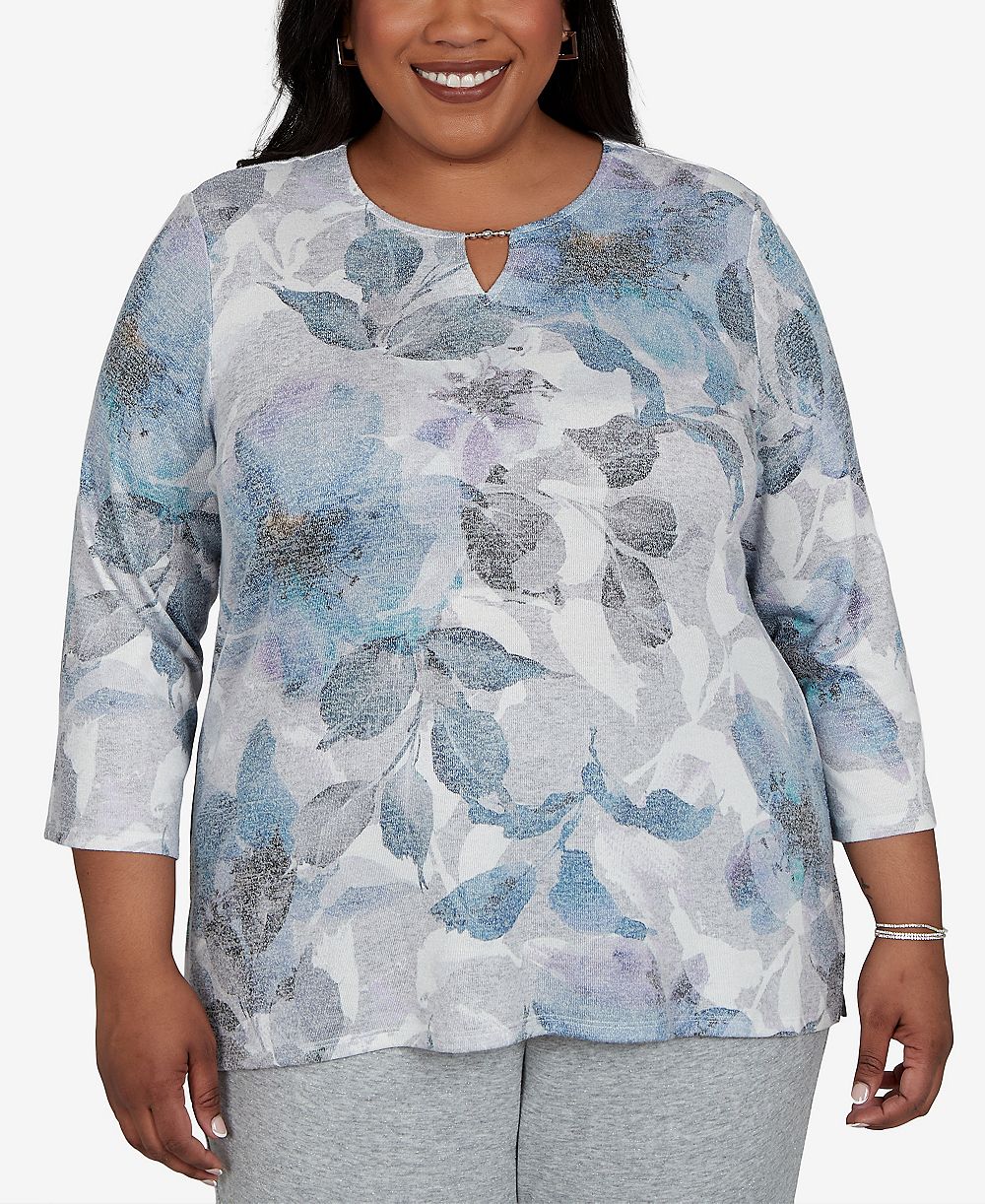 Женская футболка Alfred Dunner Plus Size Floral-Print 3/4-Sleeve