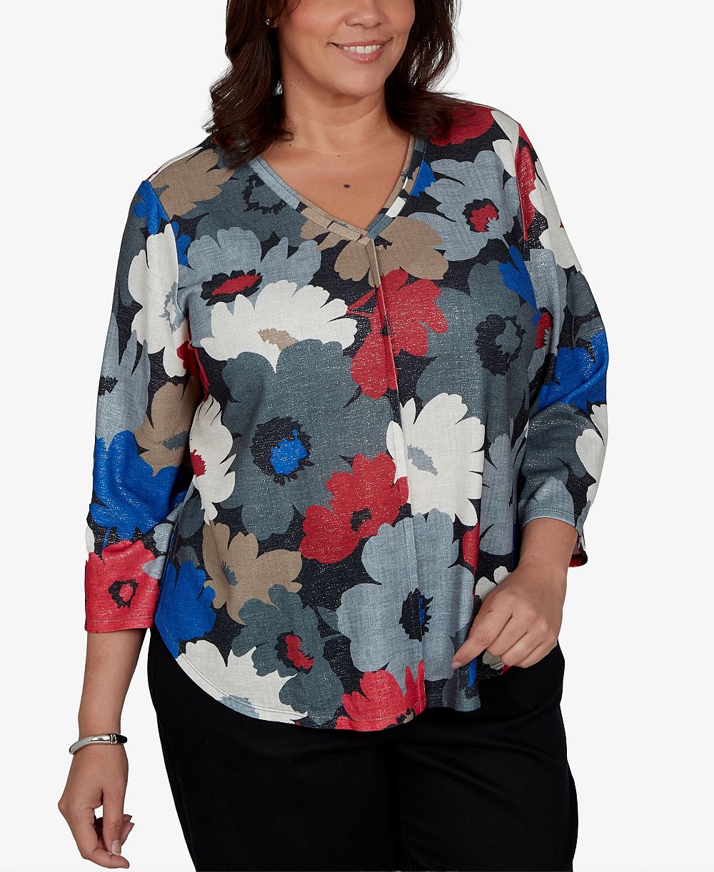 Женская блузка Alfred Dunner Plus Size Floral V-Neck 3/4-Sleeve