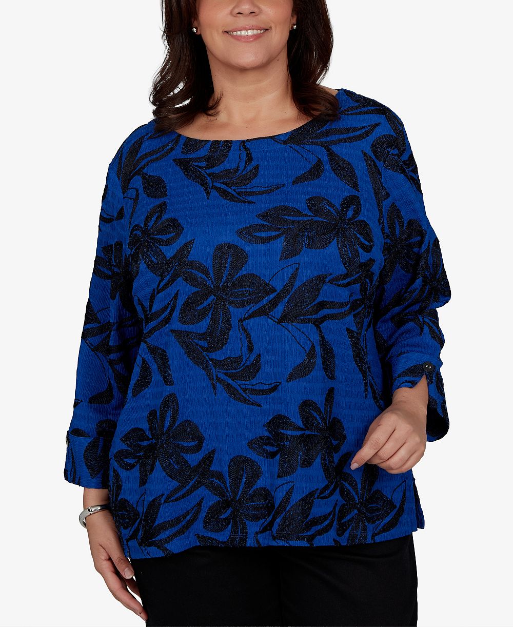 Alfred Dunner Plus Size Calm Luxe Floral Textured-Knit Boat Neck Blouse