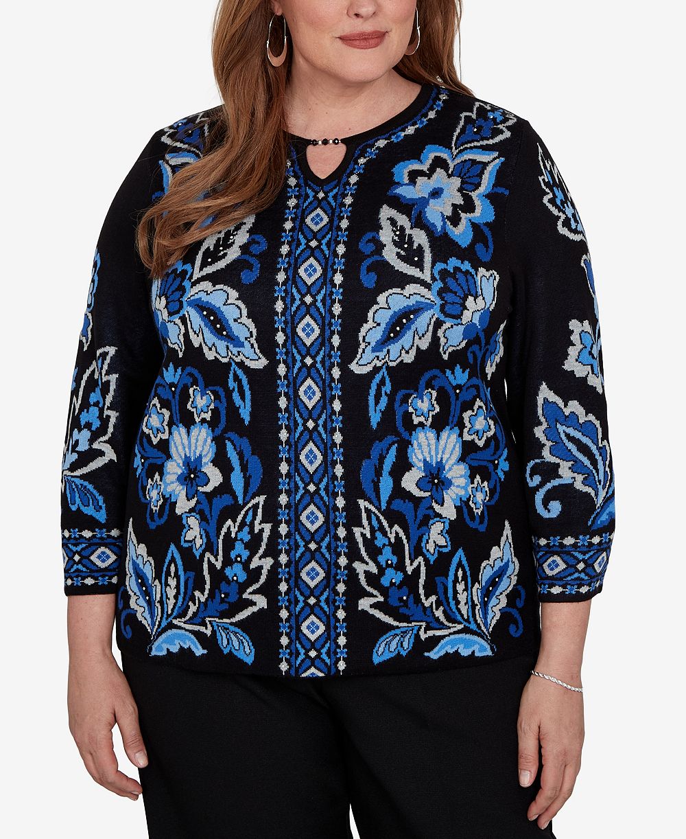 Alfred Dunner Plus Size Keyhole Neck 3/4-Sleeve Pullover Sweater