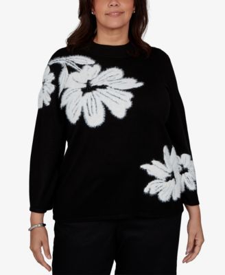 Alfred Dunner Plus Size 3/4-Sleeve Floral-Print Crewneck Pullover Sweater