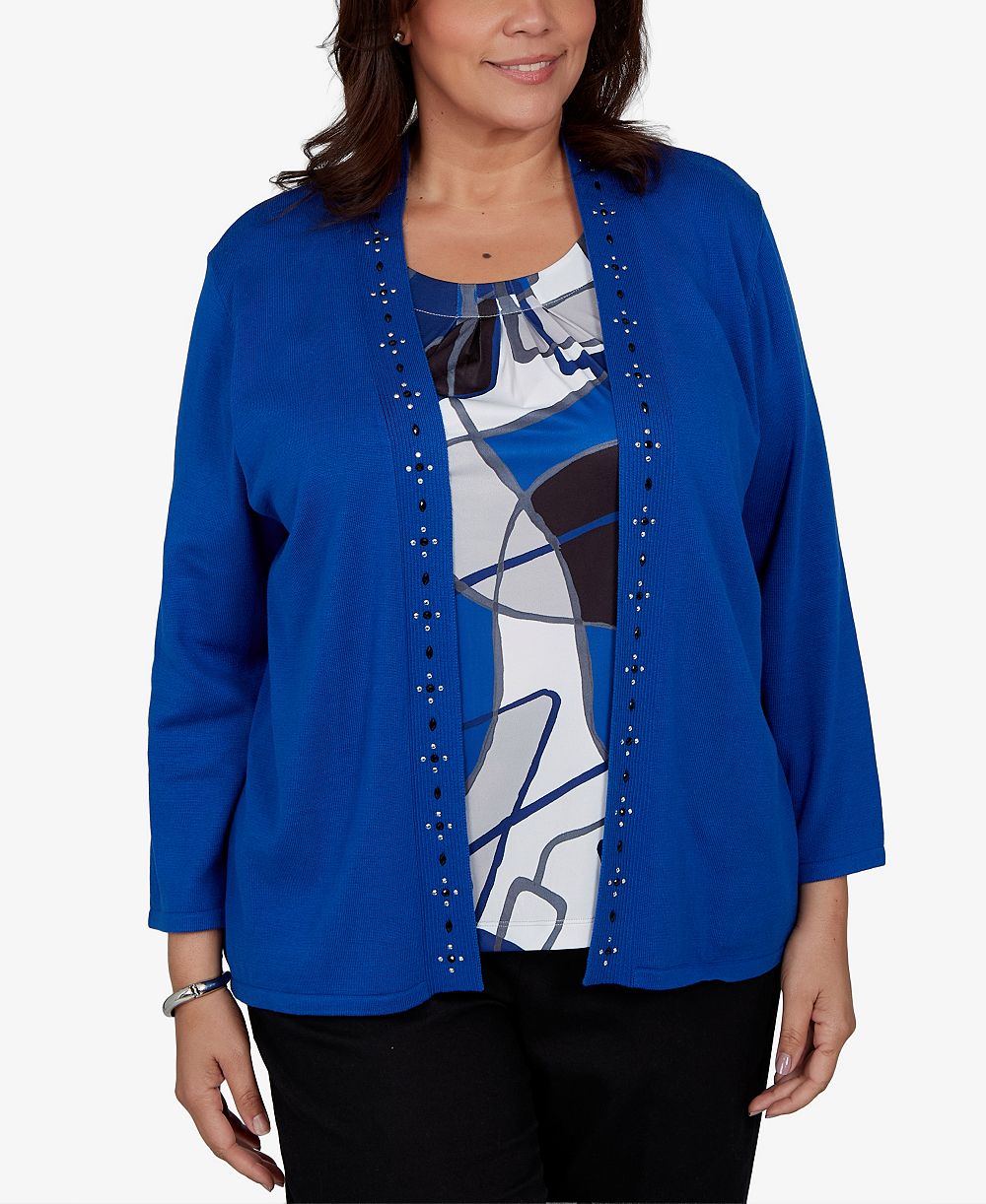 Alfred Dunner Plus Size Shawl Collar 3/4-Sleeve Embellished Cardigan Sweater