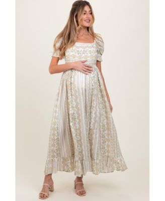 Pinkblush Women's Peach Floral Puff Sleeve Lace Trim Maxi Dress