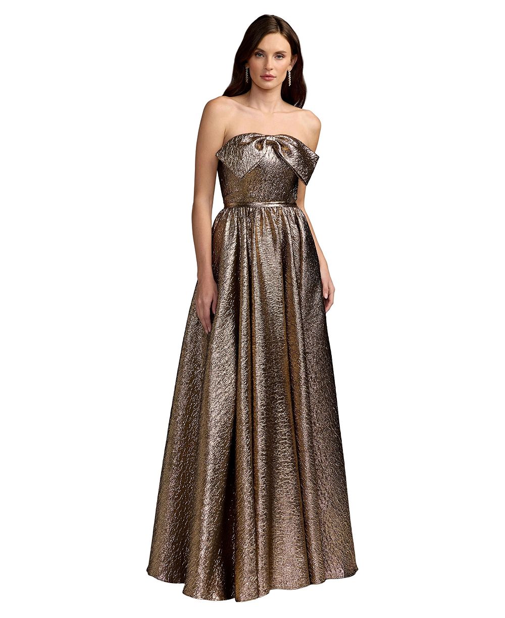 Mac Duggal Petite Бальное платье без бретелек с металлическим блеском и бантом