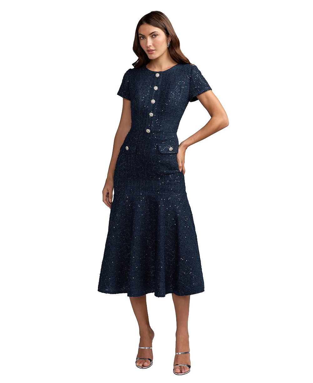 Mac Duggal Women's Sequin Tweed Short-Sleeve A-Line Midi Dress