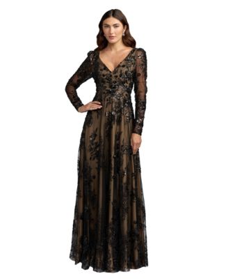 Mac Duggal женское длинное платье с цветочным принтом, V-образным вырезом и длинным рукавом