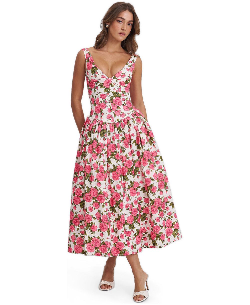 Miss Circle Женское платье Miss Circle Wilfreda Blooming Pink Floral Linen Sweetheart Midi