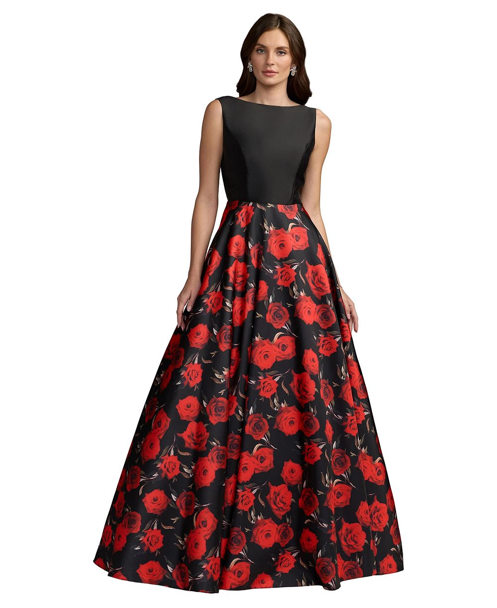 Mac Duggal Petite Floral Printed Mikado Open Back Sleeveless Gown