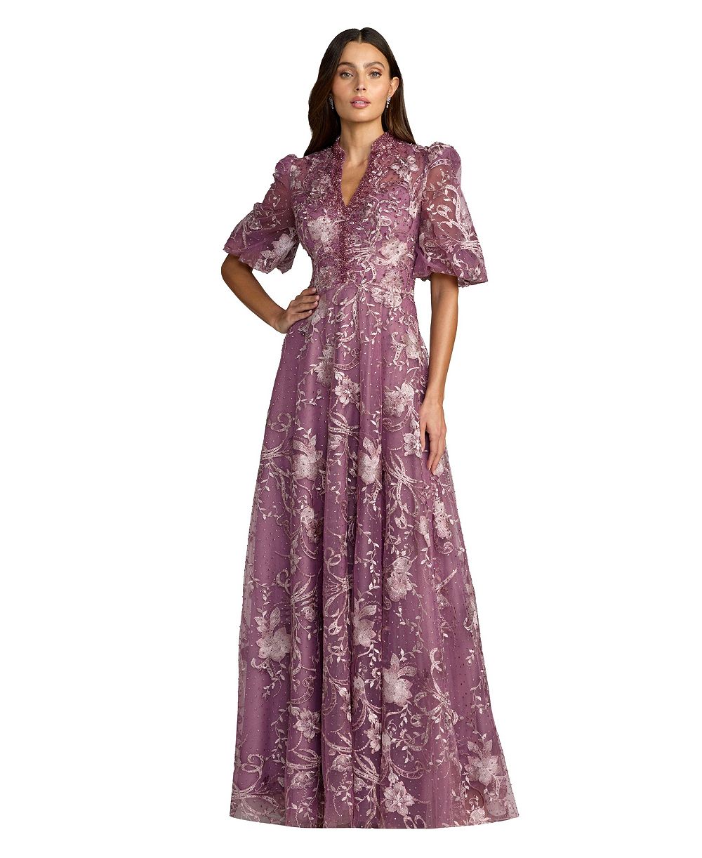 Mac Duggal Women's Embroidered Queen Anne Puff Sleeve A Line Gown