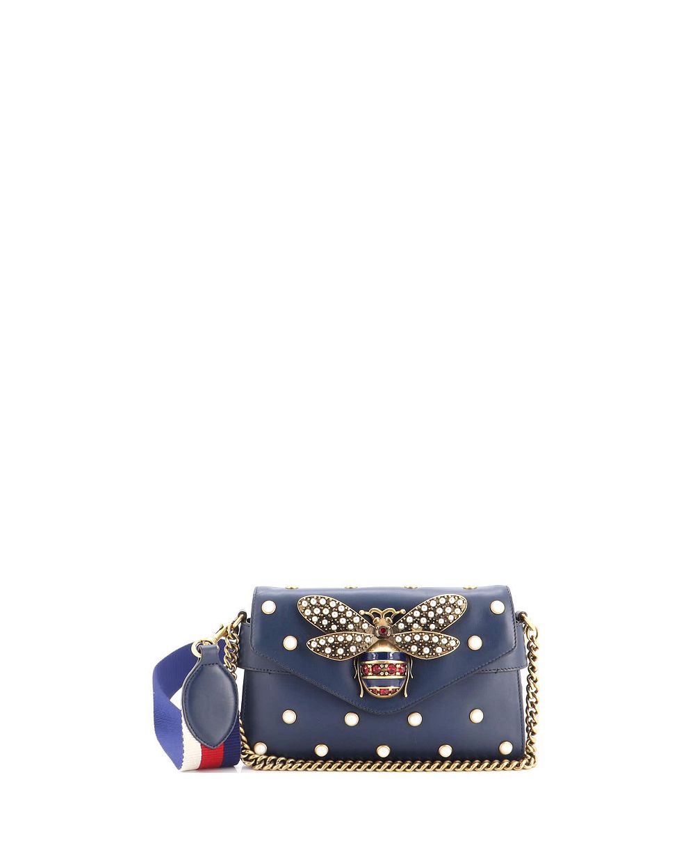 Pre-Owned Gucci Mini Broadway Pearly Bee Shoulder Bag Embellished Leather