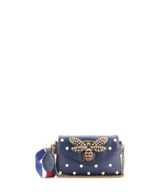 Pre-Owned Gucci Mini Broadway Pearly Bee Shoulder Bag Embellished Leather