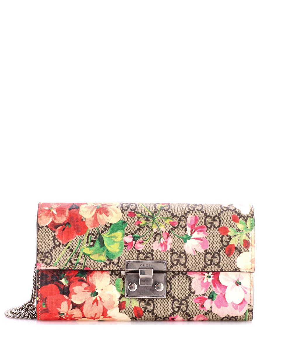 Pre-Owned Gucci длинный кошелек Continental Chain с замком, покрытие GG Coated Canvas, принт Blooms