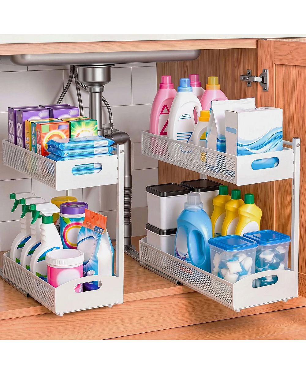 SUGIFT 2 Pack 2-Tier Pull Out Under Sink Organizer with 4-Level Height Adjustment for Cabinets