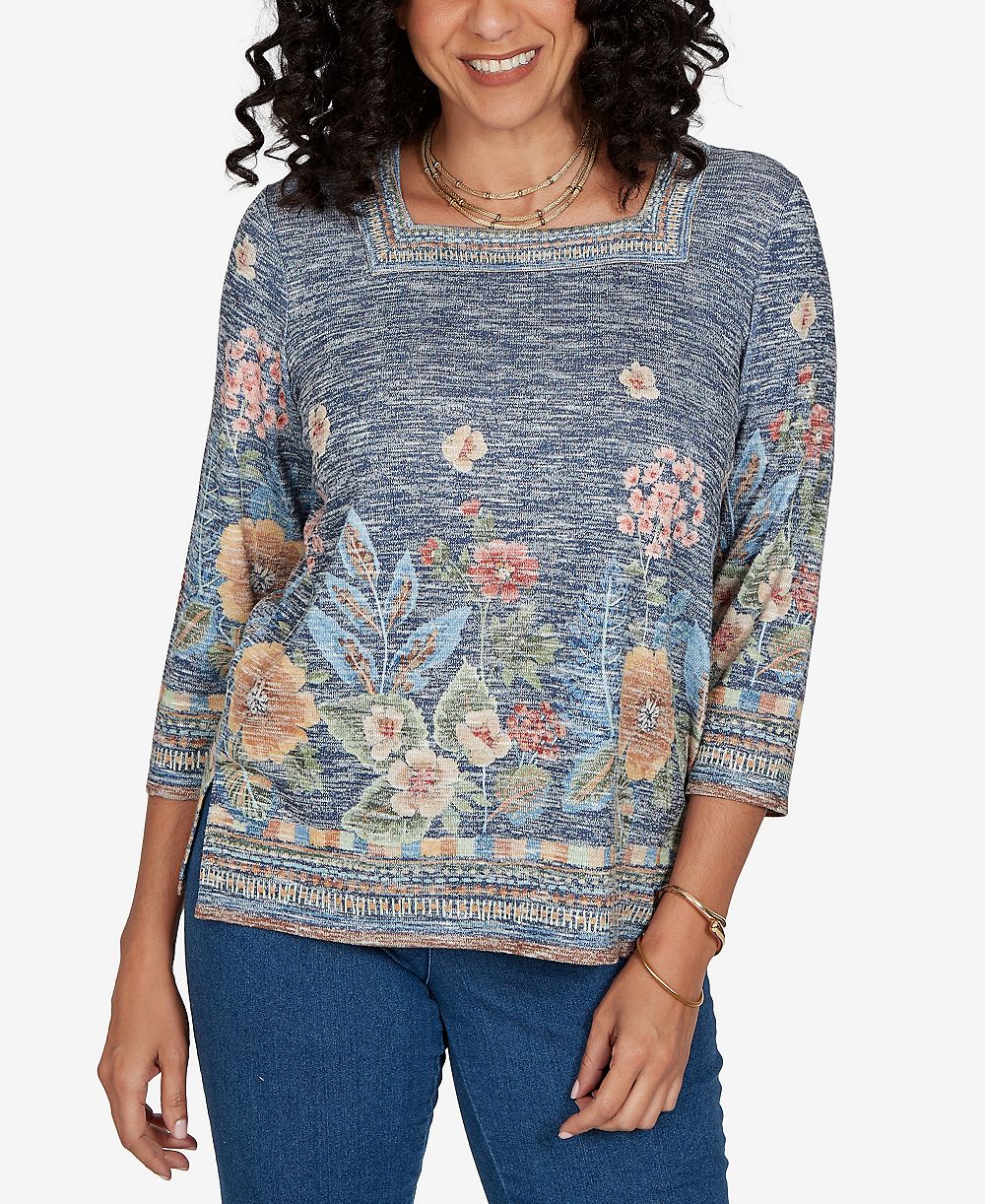 Alfred Dunner Petite Square Neck 3/4-Sleeve Floral-Print Knit Top