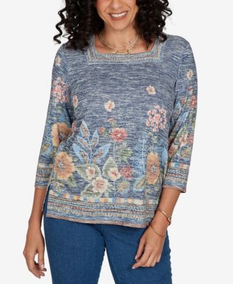 Alfred Dunner Petite Square Neck 3/4-Sleeve Floral-Print Knit Top