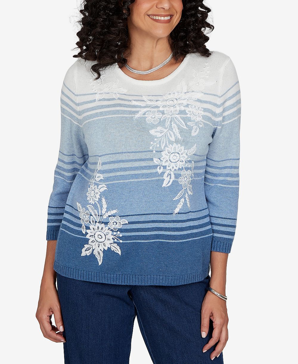 Alfred Dunner Petite Crewneck 3/4-Sleeve Stripe Sweater