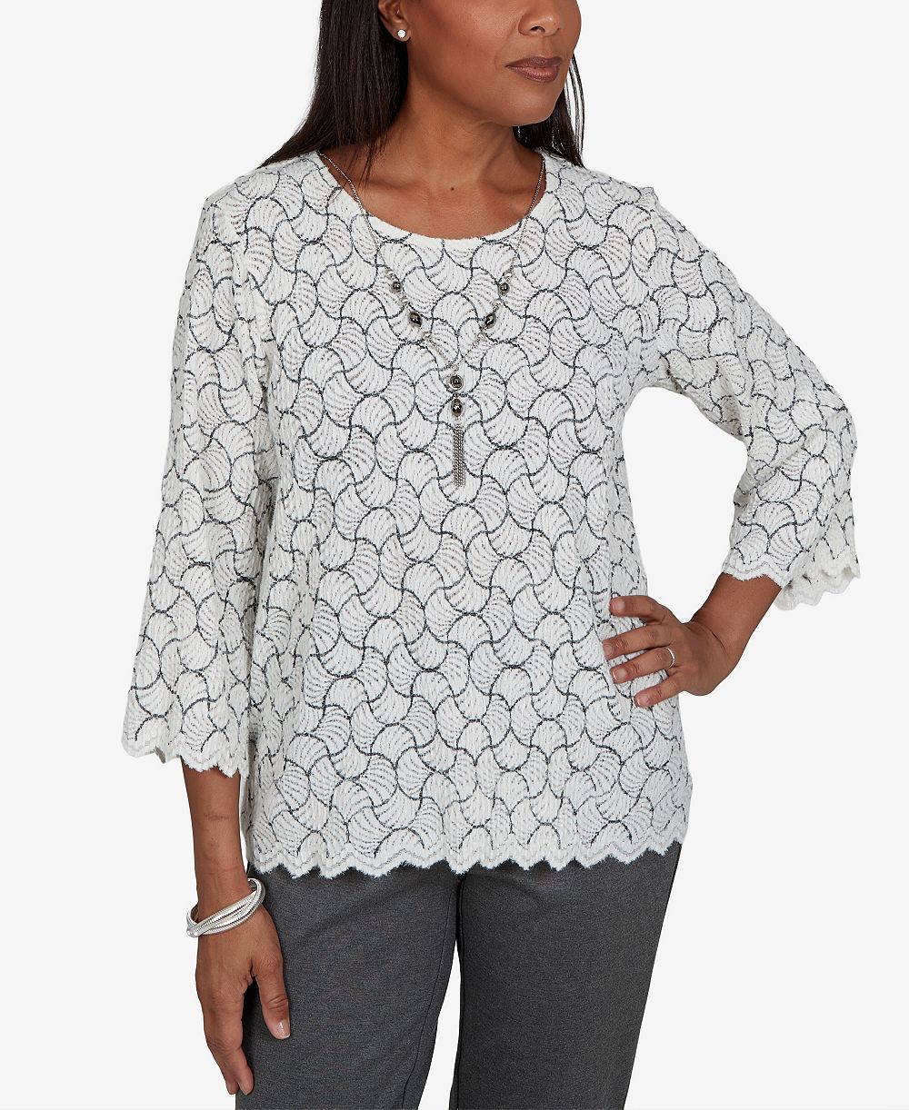 Женский джемпер Alfred Dunner Petite Crewneck 3/4-Sleeve Scalloped-Edge Pullover