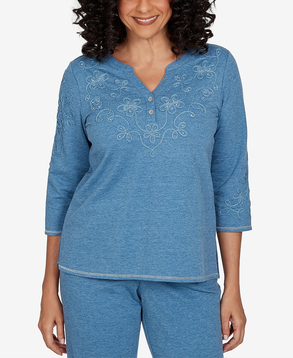 Alfred Dunner Petite футболка Henley с разрезом по бокам и рукавом 3/4