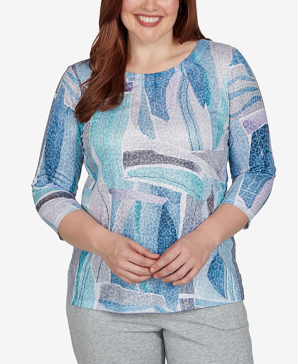 Футболка Alfred Dunner Petite 3/4-Sleeve Crewneck Abstract-Print