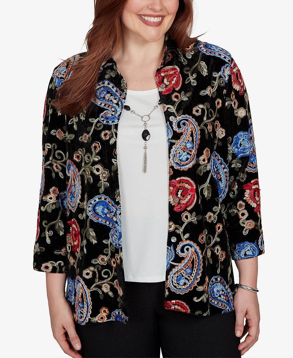 Блузка Alfred Dunner Petite из бархата с воротником и рукавом 3/4