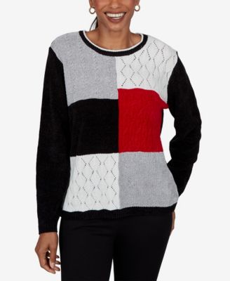 Alfred Dunner Women's Sweatr Cable-Knit Colorblock Crewneck Long-Sleeve Pullover