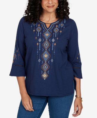 Alfred Dunner Women's Keyhole Neck 3/4-Sleeve Top