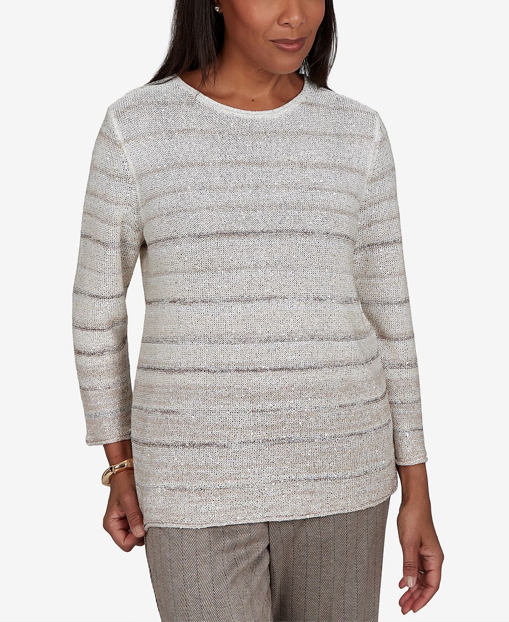 Alfred Dunner Women's Crewneck Striped 3/4-Sleeve Pullover Sweater