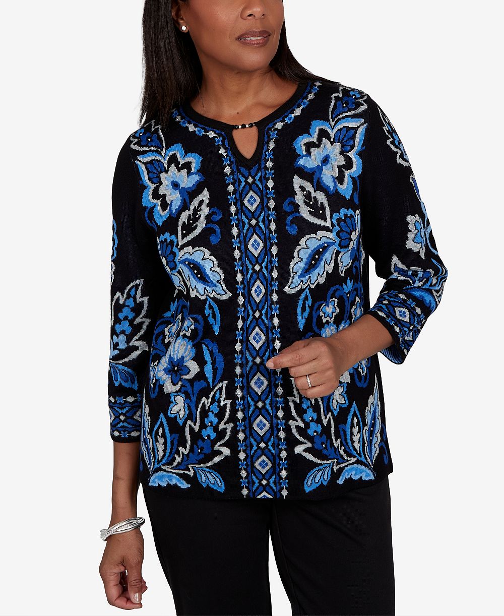 Женский джемпер Alfred Dunner 3/4-Sleeve Keyhole-Neck Floral-Print Pullover