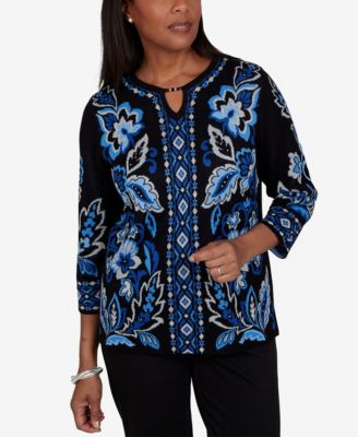 Женский джемпер Alfred Dunner 3/4-Sleeve Keyhole-Neck Floral-Print Pullover