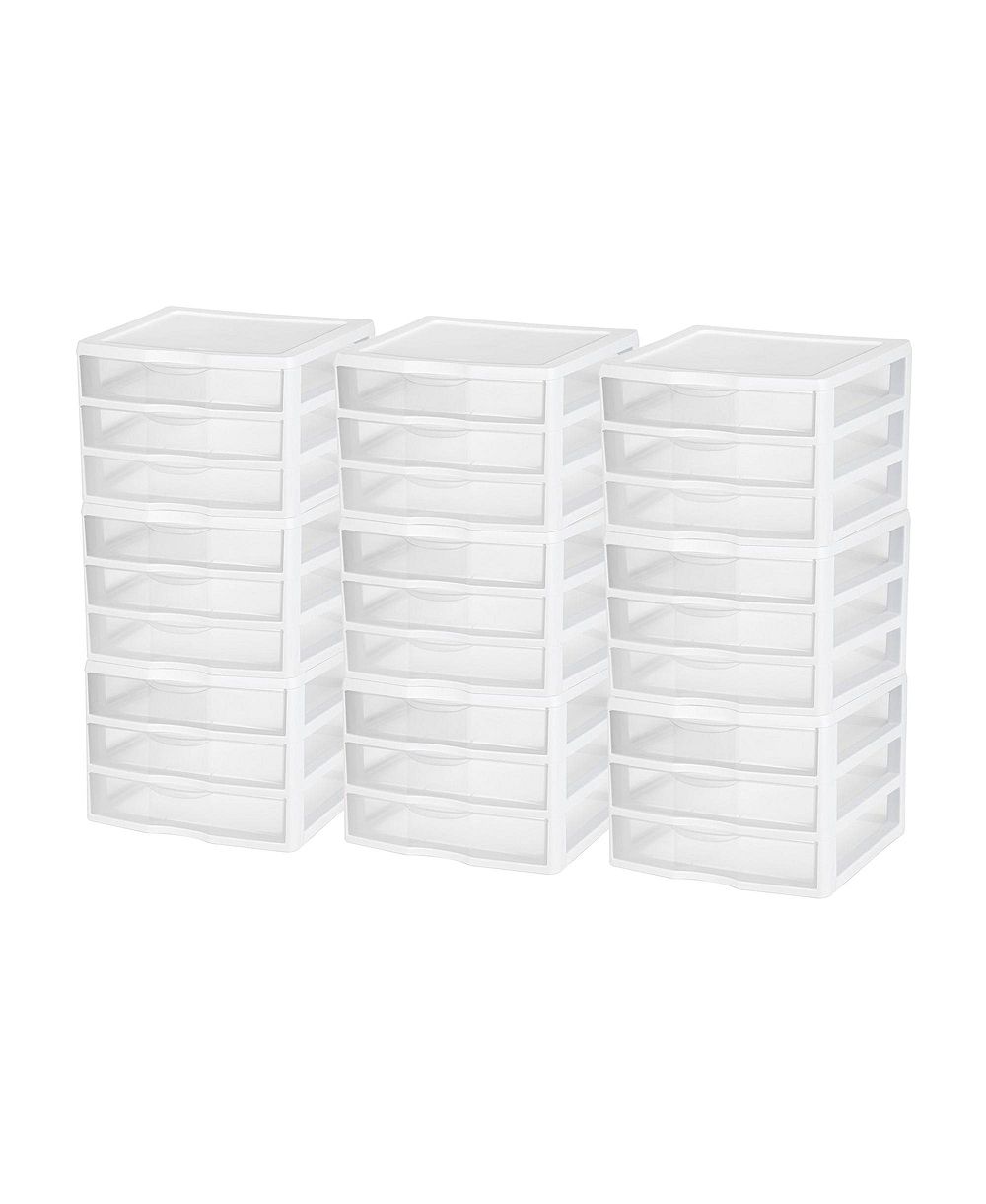 Sterilite Clear Plastic Stackable Small 3 Drawer Storage System, White, (9 Pack)