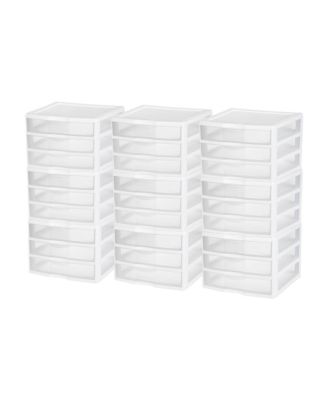 Sterilite Clear Plastic Stackable Small 3 Drawer Storage System, White, (9 Pack)