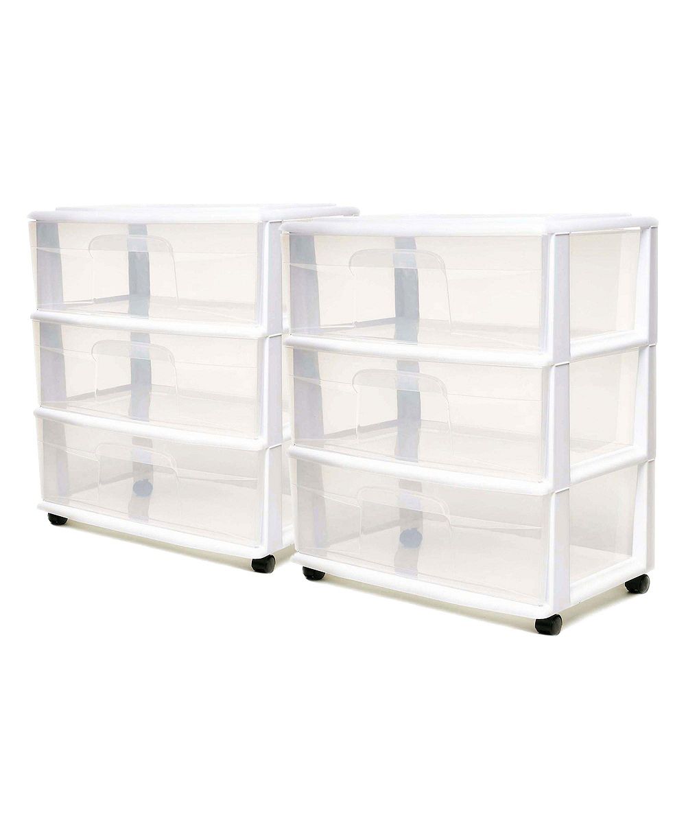 Homz Plastic 3 Clear Drawer Small Rolling Storage Container Tower, White, 2 Pack