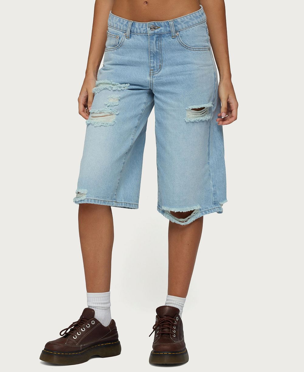 Edikted Women's Low-Rise Distressed Denim Bermuda Shorts, 16" Inseam