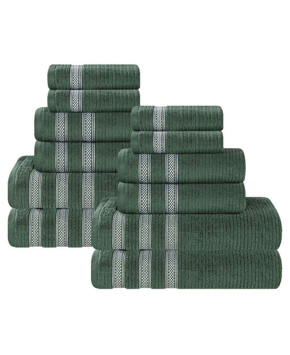 Superior Brea Zero Twist Cotton Ribbed Geometric Border Plush Soft Absorbent 12-Piece Towel Set