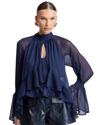 Avec Les Filles Women's Floral High-Neck Puff-Sleeve Top