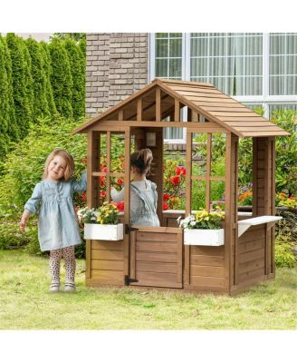 YOBTOP Cottage Working-Door Solid Fir Wood 1-Piece Playhouse, Ages 3-8