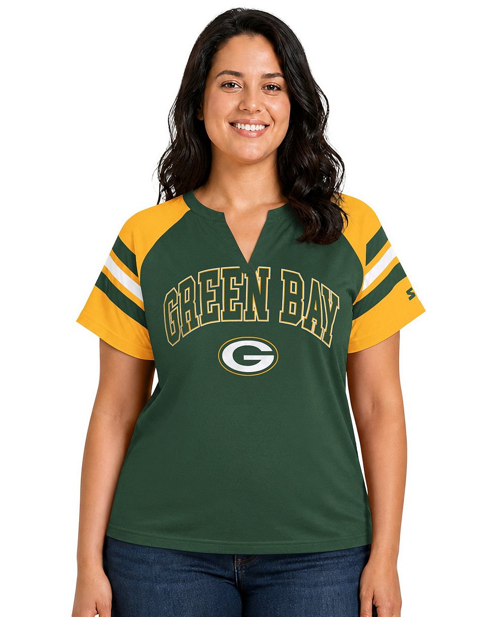Starter женская футболка с реглановым рукавом и вырезом-лодочкой Green Bay Packers Plus Size Game On