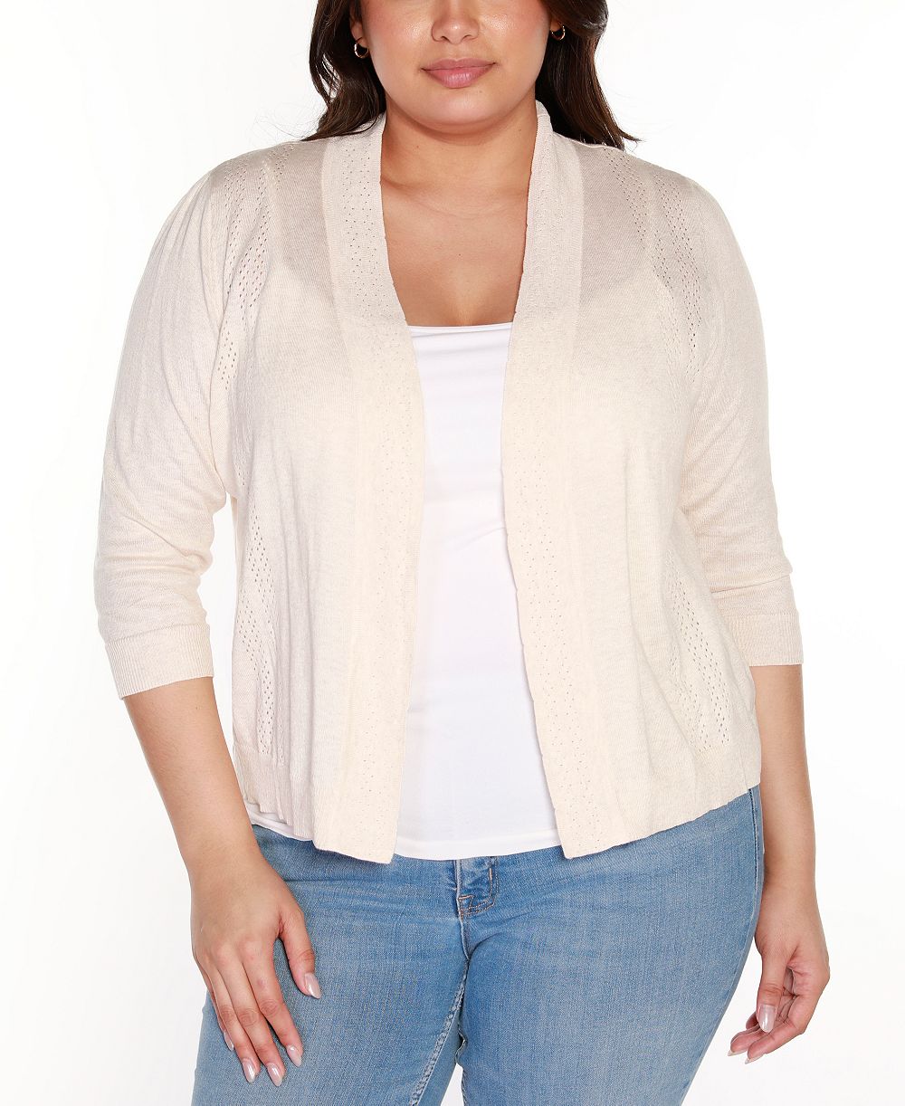 Belldini Plus Size Pointelle 3/4-Sleeve Open-Front Blend Cardigan