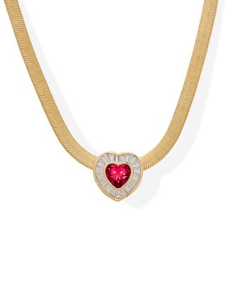 Macy's Simulated Ruby and Cubic Zirconia Baguette Heart on Herringbone Necklace
