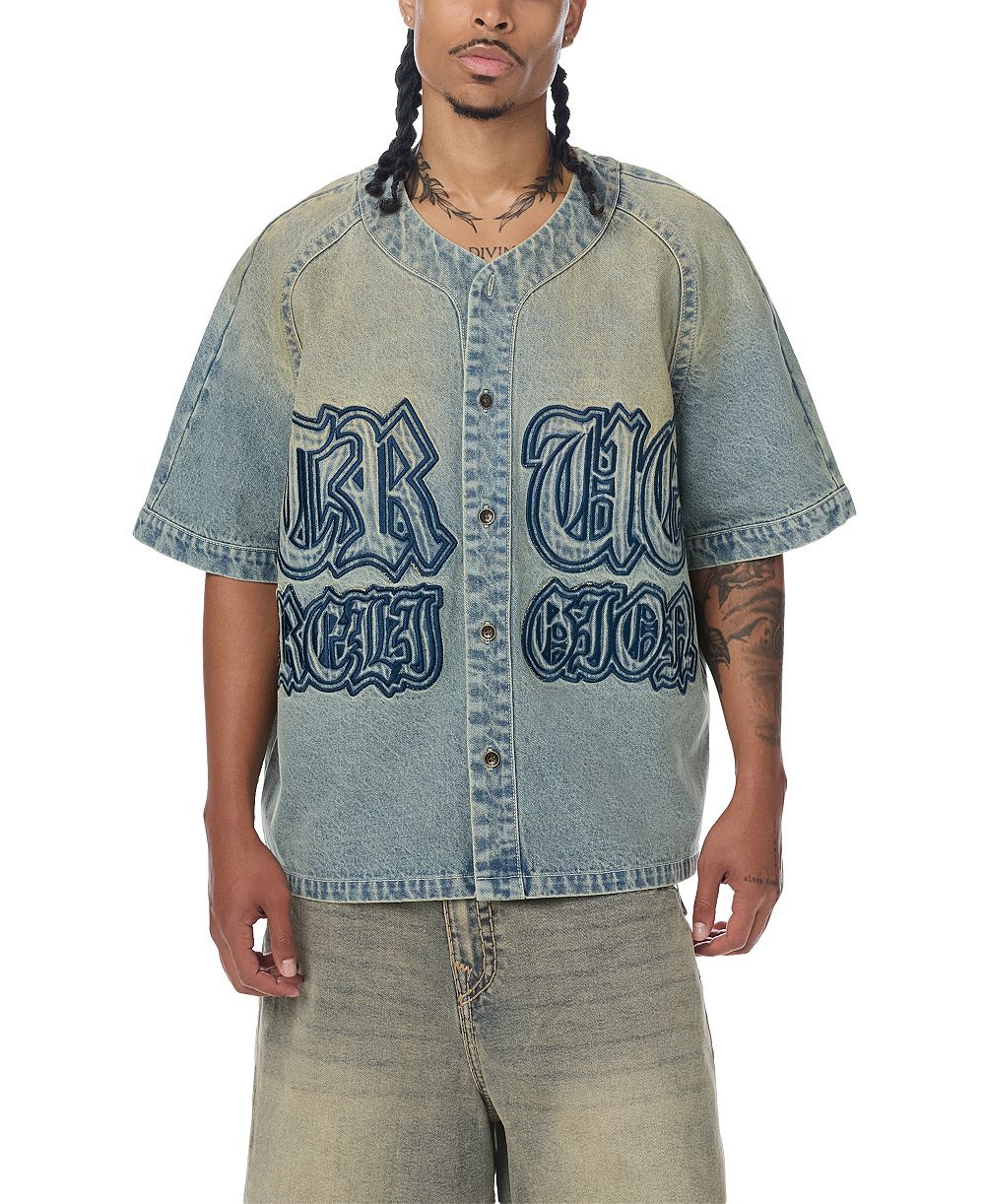 True Religion мужская денимовая бейсбольная рубашка с коротким рукавом и регланом