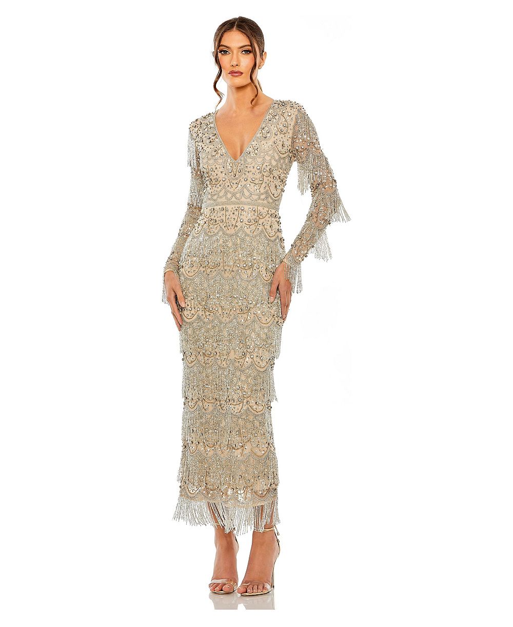 Mac Duggal женское длинное платье с бисером, V-образным вырезом и длинным рукавом
