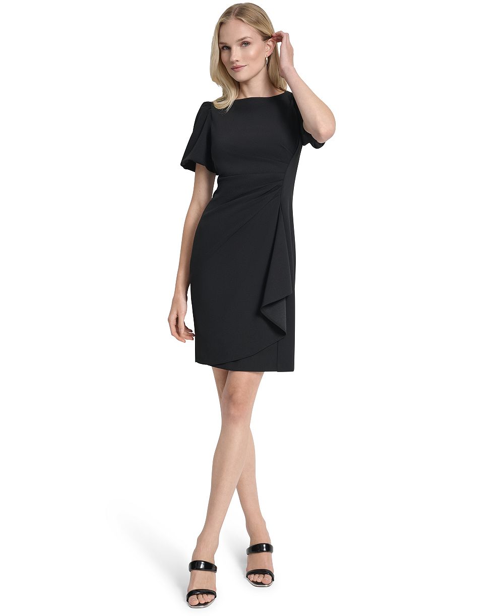 Женское платье-футляр DKNY с воланом на рукавах, сборкой и декольте-лодочкой