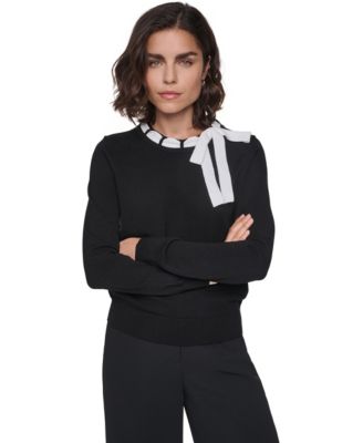 KARL LAGERFELD PARIS Women's Bow Front Crewneck Fitted Sweater