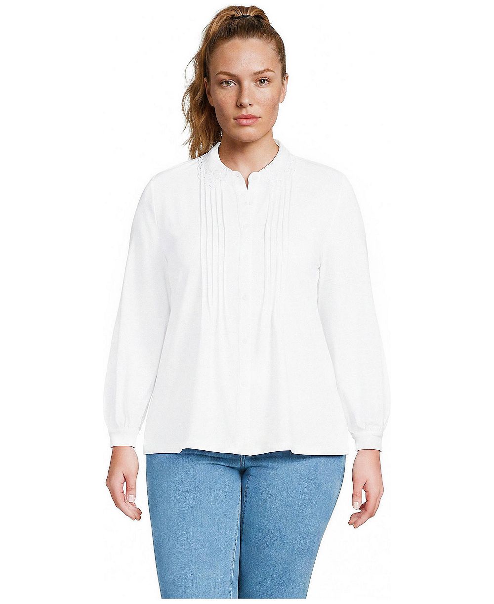 Блузка Lands' End Plus Size из легкого джерси с длинным рукавом и пуговицами