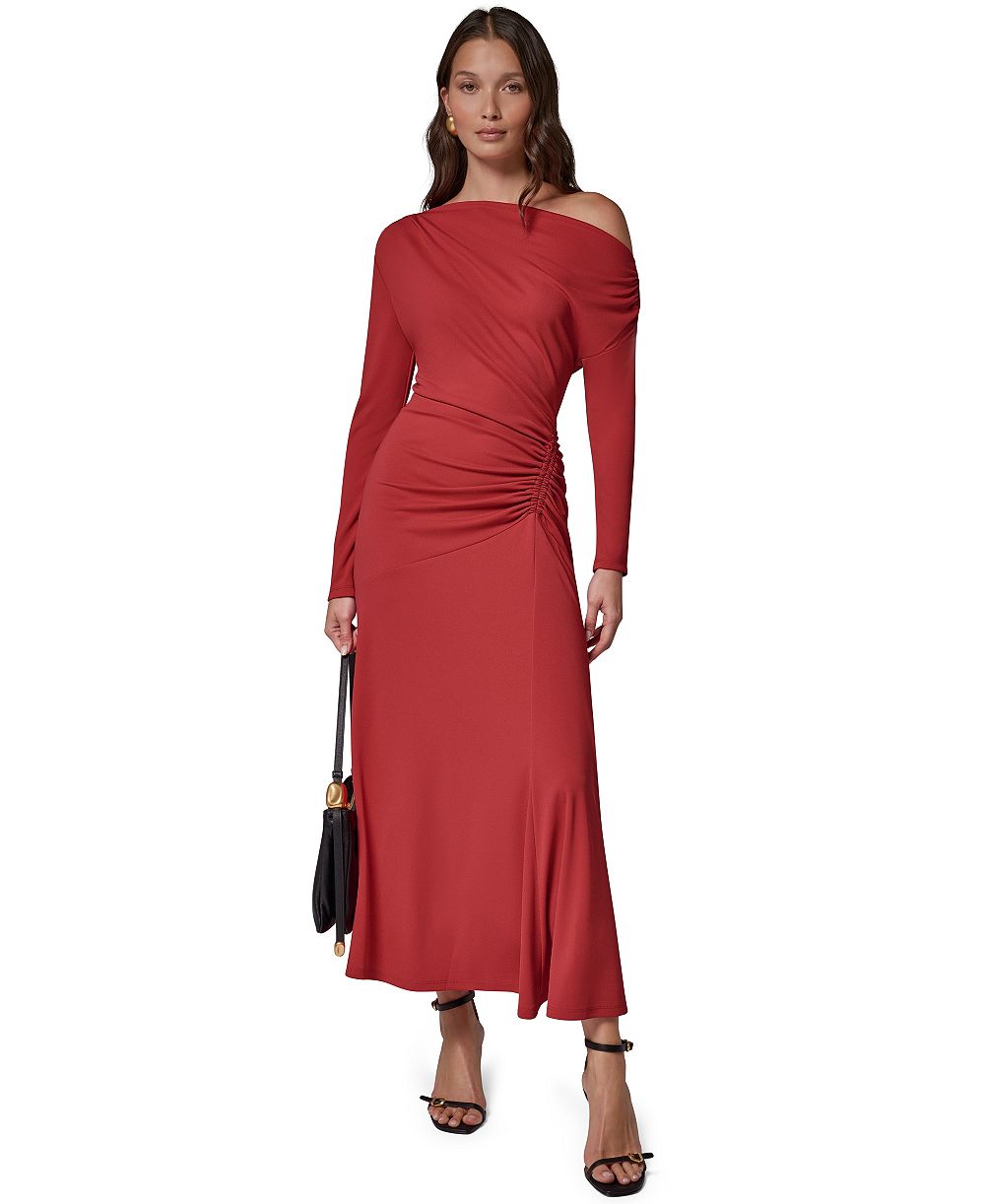Donna Karan New York Женский off-the-плеча длинный рукав сборка макси платье