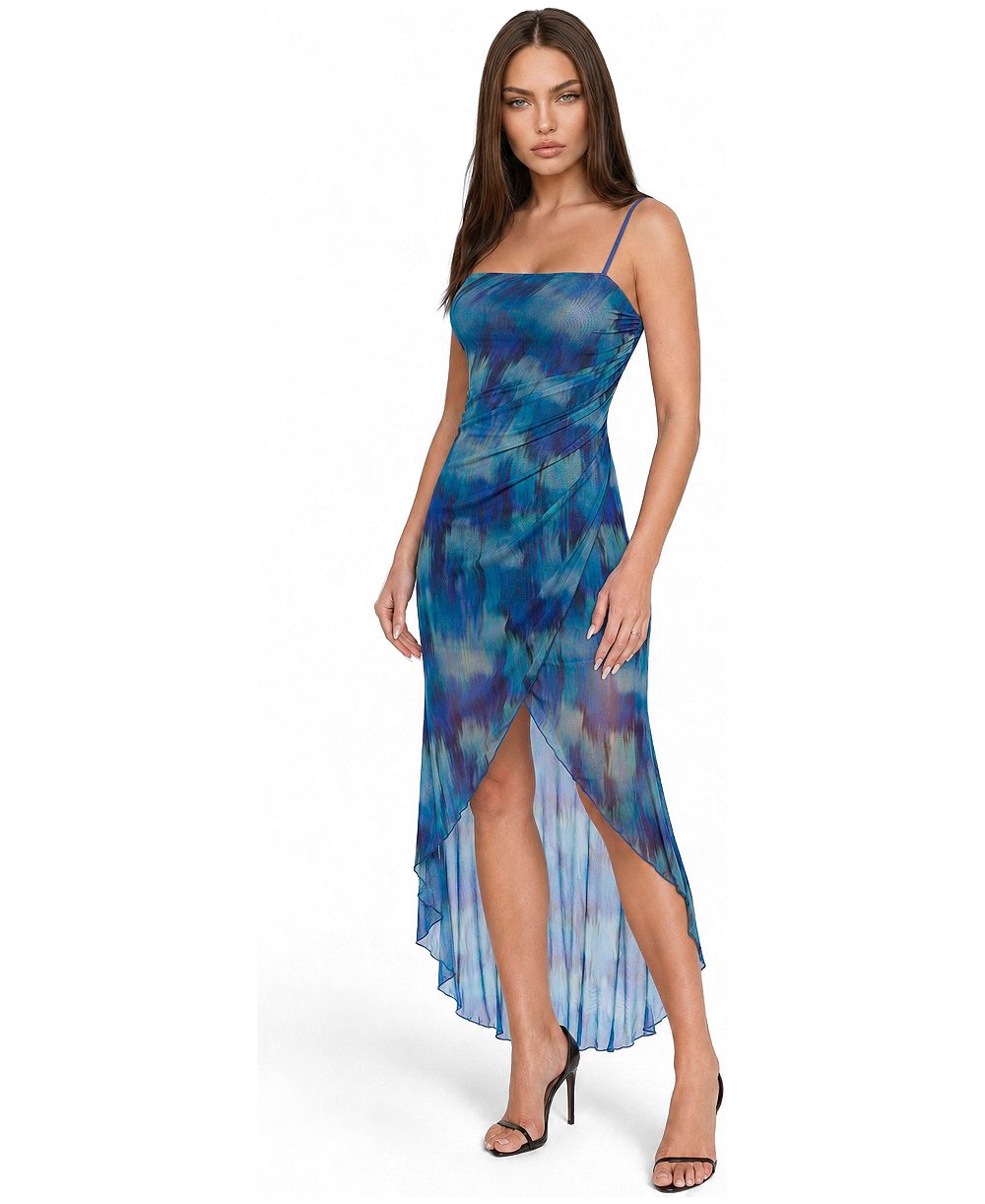 Bebe Women's Square Neck Hi-Low Mesh Maxi Dress