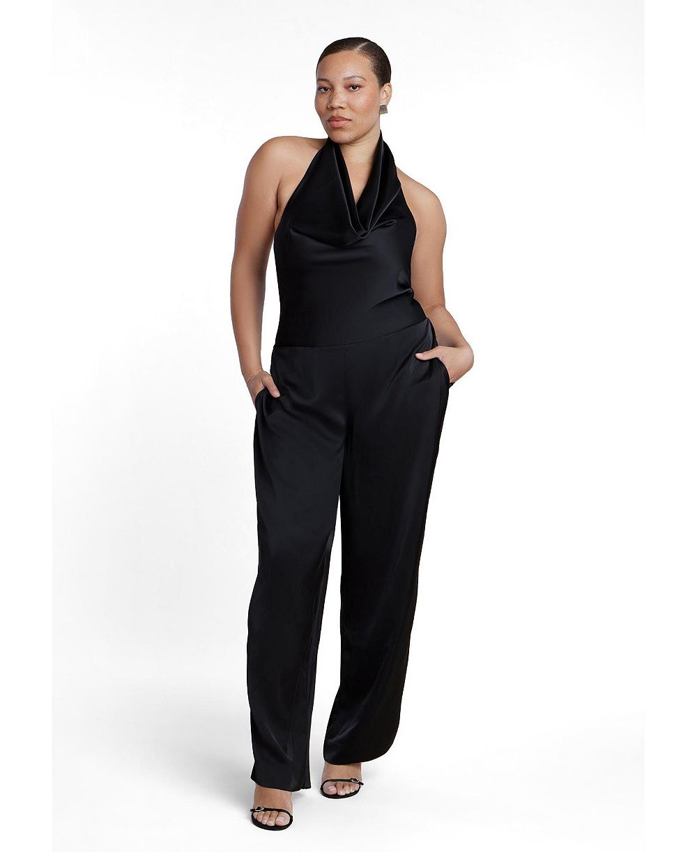 ELOQUII Plus Size Halter Cowl Neck Satin Jumpsuit