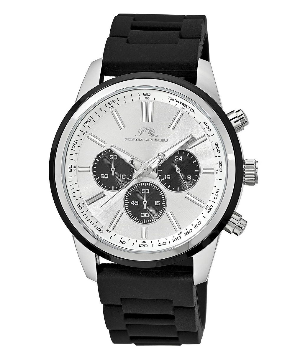 Porsamo Bleu Men's Logan Chronograph Black Silicone Strap Silver Tone Watch 44 mm
