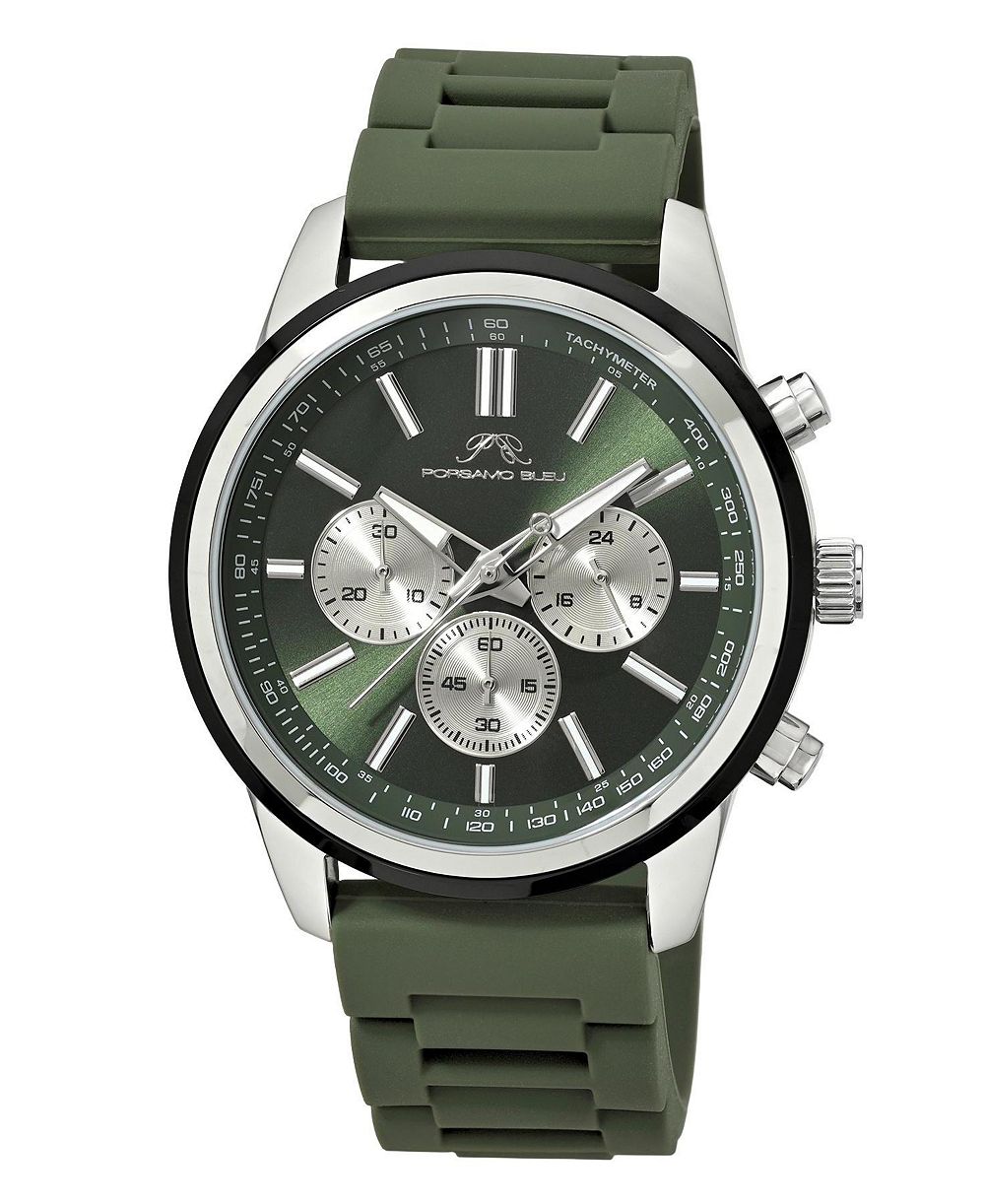 Porsamo Bleu Men's Logan Chronograph Green Silicone Strap Silver Tone Watch 44 mm